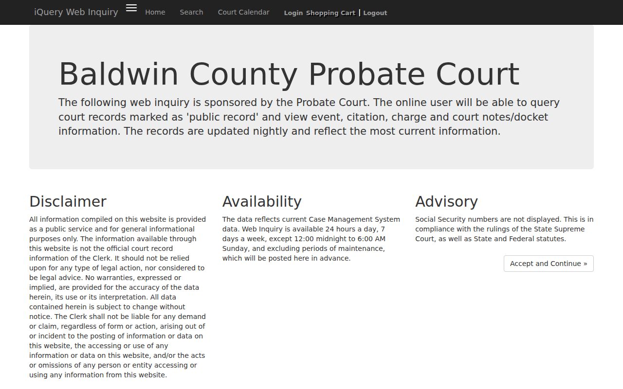 Baldwin County court dockets Probate Court iQuery search page