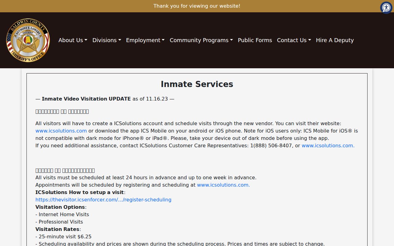 Baldwin County inmate search jail services and visitation