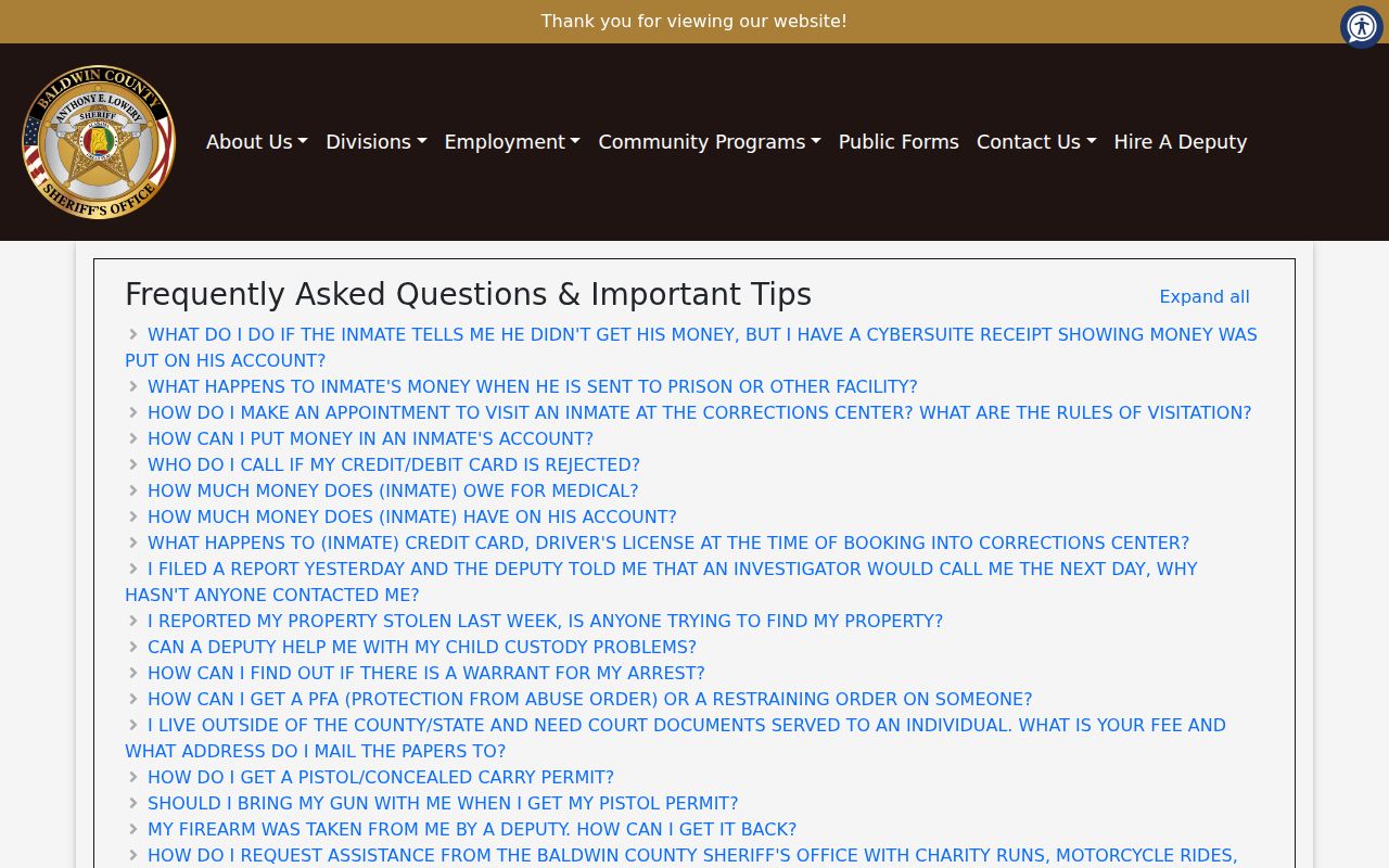 Baldwin County inmate search sheriff FAQ for warrant and account notes